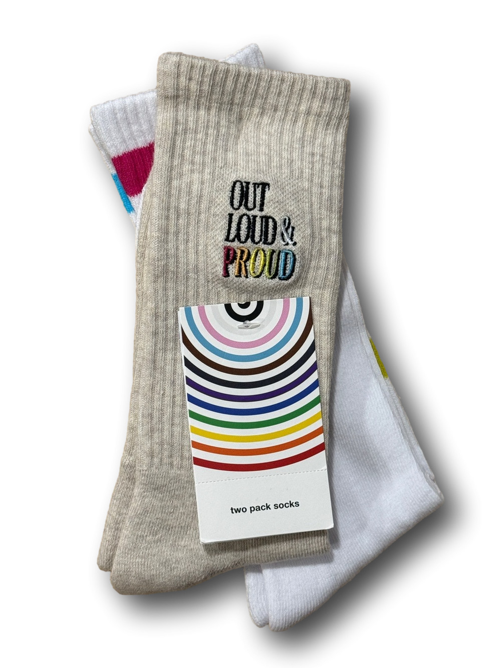 2-Pack LGBTQ Rainbow Pride "Out, Loud & Proud" Funny Novelty Crew Socks - NWT